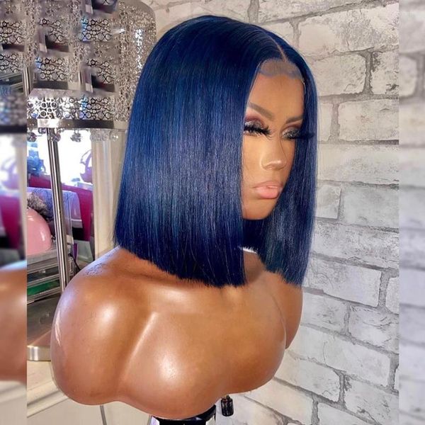 Bob corto peluca recta cabello azul oscuro encaje frontal pelucas humanas para mujeres negras hecho Remy brasileño prearrancado