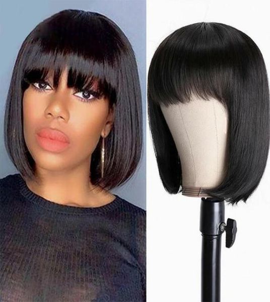 Peluca corta Bob con flequillo Pelucas de cabello humano liso brasileño Pelucas de corte corto Remy para mujeres negras Pelucas hechas a máquina completas 4X4 Straigh7512030