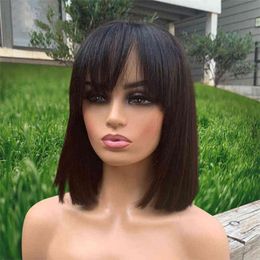 Peluca de Bob corto con flequillo, pelucas de cabello brasileño liso para mujer, Perruque Cheveux Humain, máquina completa, barata, humana, 220609