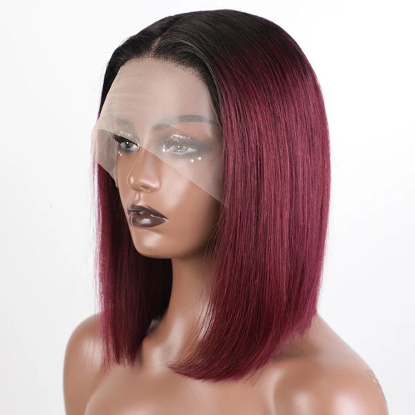 Perruque de cheveux courte Bob pour femme 99j rouge ombré coloré perruque avant en dentelle avec frange 13X6X1 perruque de cheveux brésiliens en dentelle HD droite 230125