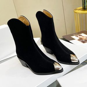 Botas cortas 100% cuero de vaca Zapatos de mujer de metal Zapatos de moda de diseñador de cuero de tacón grueso clásico Tamaño grande 35-41 US4-US10