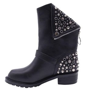 Korte laarzen 100% koeienhuid klinknagel Metaal dames Schoenen Klassiek Dikke hakken Leren designer schoen Hoge hakken Mode Diamant Dame laars Grote maat 35-43