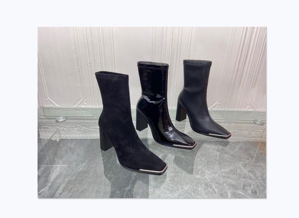 Bottes courtes femme tête carrée cuir verni talon épais talons hauts automne et hiver nouveau