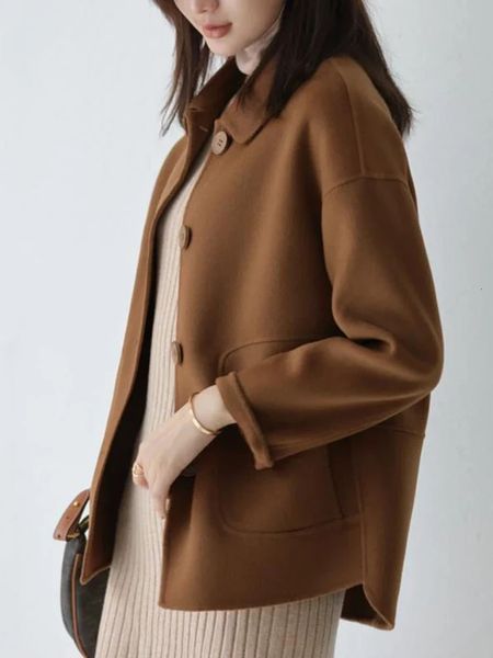 Manteaux courts pour femmes automne hiver mode vestes en laine poches couleur unie Camel noir col Polo manteau dames de haute qualité 231228