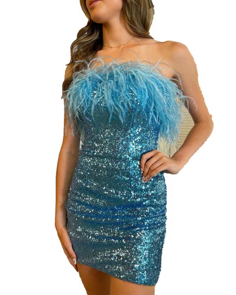 Robe de Cocktail Courte Hoco 2k23 Vintage Bleu Paillettes Plumes Dame Robe de Soirée Formelle Sans Bretelles Club Soirée Remise des Diplômes Gala de Retrouvailles NYE Interview Mode Amusante