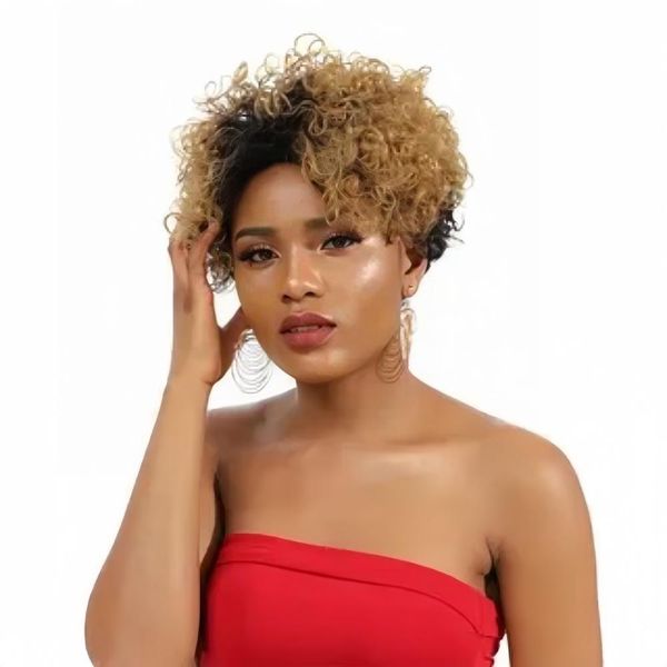 Curly Bob Lace Front Human Hair Wig ombre Blonde Pixie Curly Curly Curly Wigs côté partie latérale HD Lace Water Wig