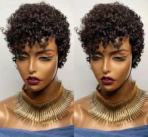Korte Krullend Bob Pruiken Zwarte Kleur Braziliaanse Pixie Cut Korte Menselijk Haar Pruiken Non Lace Front Pruik Machine Gemaakt Voor Vrouwen