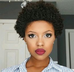 Perruque courte bouclée brune coupe lutin cheveux humains brésiliens noir naturel 150 densité sans colle Afro crépus bouclés Wig9087661