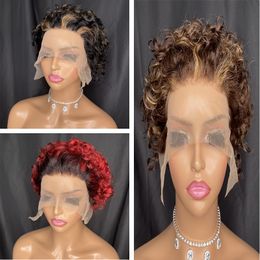 Perruque courte bouclée coupe lutin perruque brésilienne Rremy cheveux humains 13X1 perruque de dentelle transparente pour les femmes noires