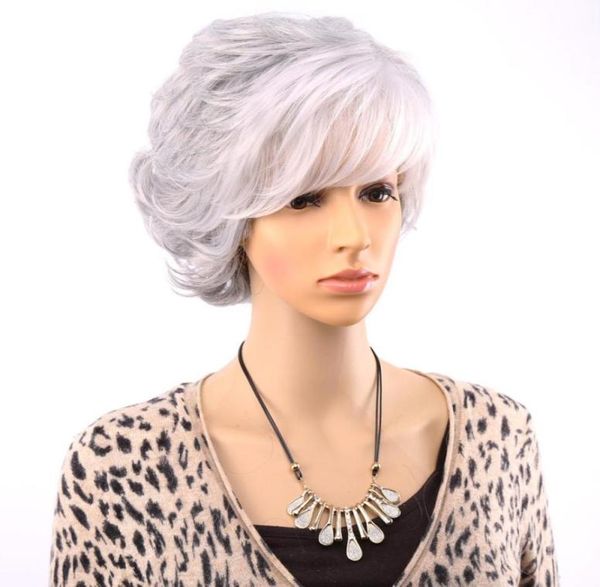 Broisses bouclées courtes pour vieilles femmes Gris blanc gris cheveux avec une frange cheveux synthétiques perruque complète Cosplay73456018506621