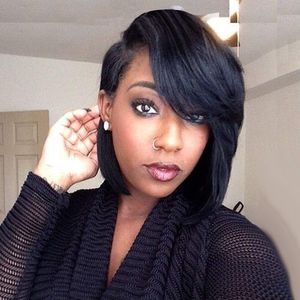 Short Cut Bob Synthetic Wigs for Women Heat Resistant Costume African American Wig with Side Bangs Natural Black Full Wigs Look Real