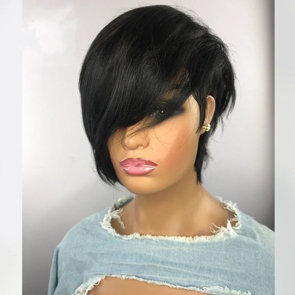 Peluca de corte corto ondulado Bob Pixie sin encaje frontal pelucas de cabello humano con flequillo para mujeres negras máquina completa hecha Remy brasileño