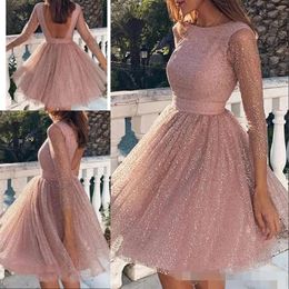 Korte jurken Prom roze 2021 Rose Gold Sequins Schep Nek Backless 3/4 lange mouwen op maat gemaakte avondfeestjurk plus maat