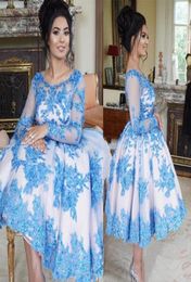 Robes de soirée courtes encolure dégagée une ligne drapée en dentelle bleue appliquée robe de bal courte mini robes de soirée de cocktail vestidos de5522126