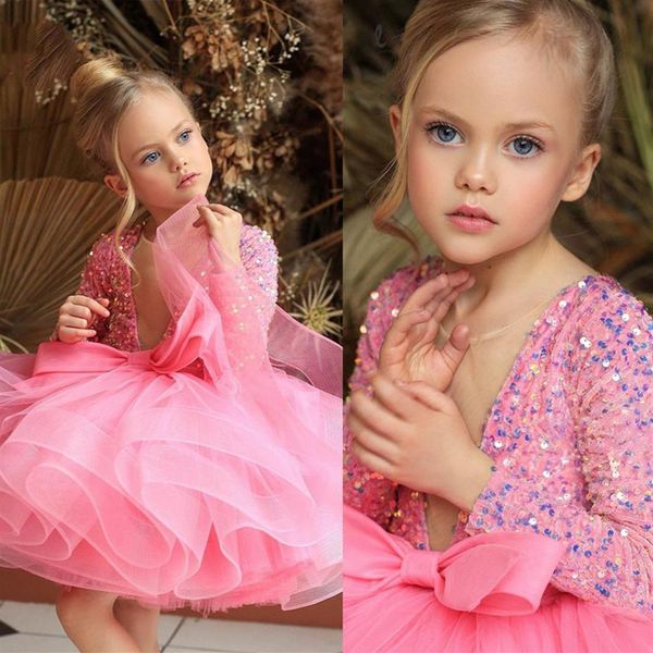 Vestido corto de flores para niña, abrigo rosa, cuentas de lentejuelas, Navidad, princesa, niñas, vestidos de desfile, tul, cumpleaños, primera comunión, Dress293z