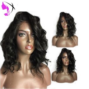 Parte libre corta Peluca delantera de encaje sintético Color negro natural Onda del cuerpo Pelucas de fibra resistente al calor estilo bob corto para mujeres