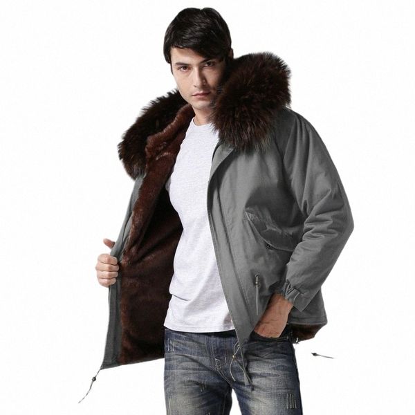 Parka courte en fourrure pour hommes, manteau Fi avec doublure en fausse fourrure couleur café, garniture à grand col, pardessus d'hiver 35SY #