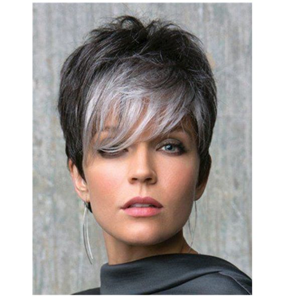 Perruques à cheveux humains grise courts Salt et poivre argenté Wig Gris avec une frange de franges de franges pointu