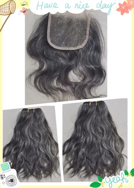 Faisceaux de cheveux humains gris courts avec fermeture à lacet véritable extension de cheveux brésiliens sel et poivre argent faisceaux gris foncé avec fermeture 1pcs 4x4 10 pouces armure 100gx2