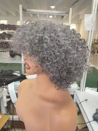 Perruque courte de cheveux gris sel et poivre, mélange de noir et blanc, perruque de cheveux humains gris pour femmes noires, perruque sans dentelle naturelle bouclée