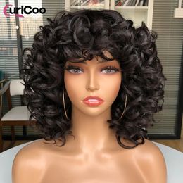 Cabello corto Afro Kinky Curly s con flequillo para mujeres negras Fluffy sintética ombre marrón rubia fibra natural 240327