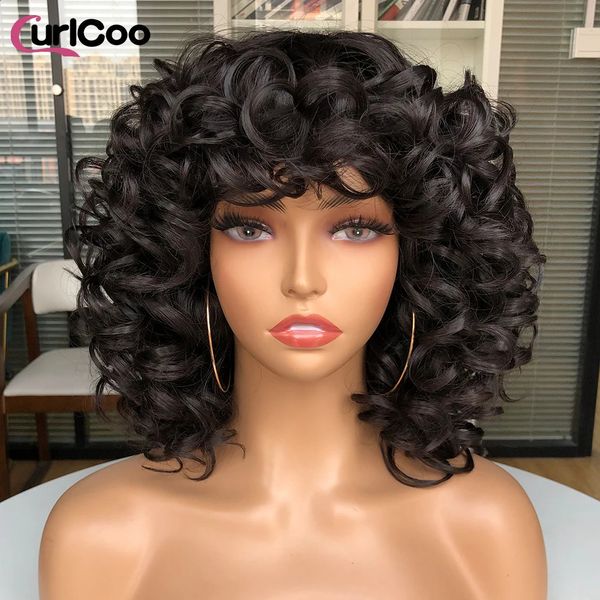 Cheveux courts afro Curly Kinky S avec frange pour femmes noires Synthétique African Africain Ombre brun Blonde Natural Fibre 240327