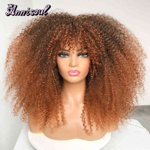 Cheveux courts Afro Kinky Bouclés Perruques Avec Une Frange Pour Les Femmes Noires Africain Synthétique Ombre Brun Cosplay Naturel Blonde Sans Colle Perruque 220707