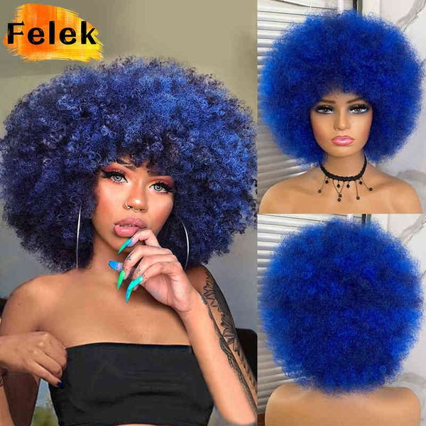 Pelo corto Afro rizado pelucas con flequillo para mujeres negras africano sintético Ombre Glueless Cosplay alta temperatura Felek 220707