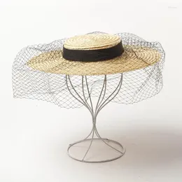 Sombrero de paja de altura corta para mujer con cintas negras, Mini tocado superior, Clips para hacer manualidades, tocado, diademas