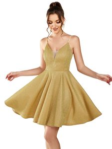 Korte Homecoming-jurken Gold Spaghetti Deep V-hals satijn A-lijn plus size cocktail formele gelegenheid cocktail prom party graudation jurken hc29