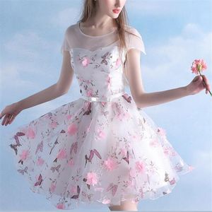 Korte Homecoming Jurken Roze Bloem Vlinder Gedrukt Kapmouw Meisjes Korte Galajurk Feestjurk vestido curto Custom Size266q