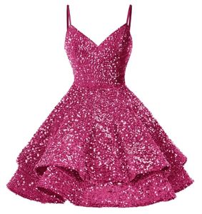 Korte Homecoming-jurken pailletten spaghetti v-hals gelaagde baljurk plus size afstudeerjury prom formal avondjurk hc26