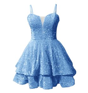 Korte Schoolgala Jurken Spaghetti Diepe V-hals Lovertjes Backless Lace-up Feestjurken Prinses Grote Maten Mini Verjaardag Gala Graduation Cocktail Party Jurken 55