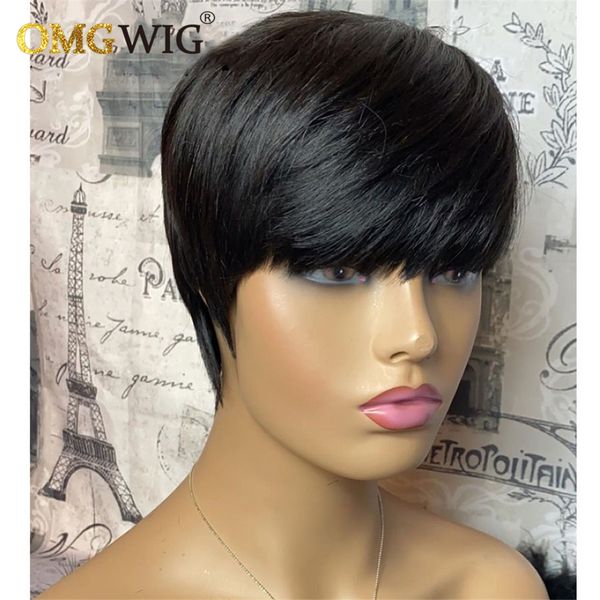Courtes perruques humaines Pixie Coupe brésilienne droite Remy Hair Aucun Wig avant en dentelle pleine sans glue avec frange Fringe noir / marron couleur