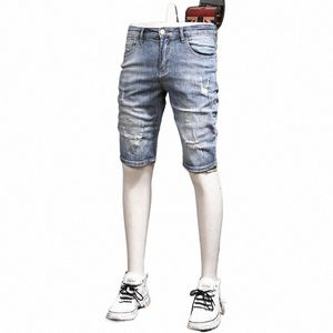 Korte Jeans Mannen Streetwear Gescheurde Denim Shorts Zomer Fi Casual Lichtblauw Stretch Slim Fit Broek J4bG #