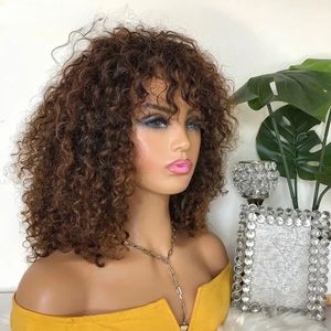 Court Jerry Pixie coupé les cheveux humains avec des franges Remy Curly Bob Wigs pour les femmes noires Aucune Wig en dentelle complète synthétique noir / Bury Red / Bury