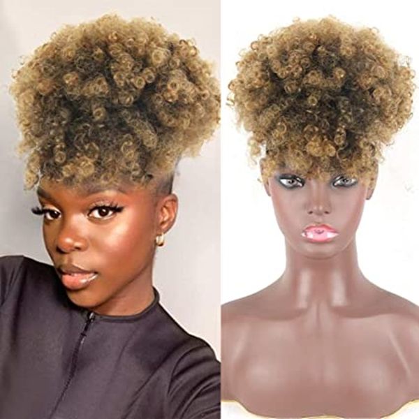 Corto rizado Afro Puff Cordón Extensión de cola de caballo rubia t27 Cola de caballo Cabello rizado humano Cabello de piña con flequillo 120 g 14 pulgadas