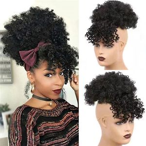 Short Kinky Curly Chignon With Bangs Synthetic Hair Bun Drawstring Ponytail Afro Puff Hairpiece Women Clip In Hairs Extension