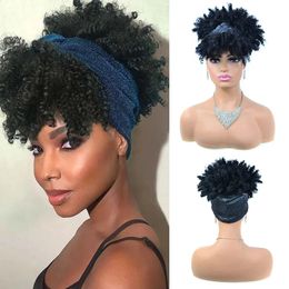Korte kinky krullende hoofdband s afro puff voor vrouwen natuurlijke synthetische tulband wrap cosplay dagelijks gebruik 240327