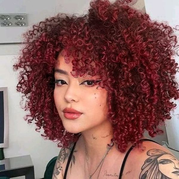 Court Kinky Curly Cheveux Humains Afro Perruques pour les Femmes Noires Aucune Dentelle Perruque Kinky Curly Perruque Bourgogne Cheveux Rouges Perruques Complètes Sans Colle avec frange bang