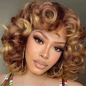 Broissures bouclées coquelures avec une frange pour les femmes afro Curly Wave Hair Wig synthétique ombre brun foncé gros boundi pelucheux perruque moelleux