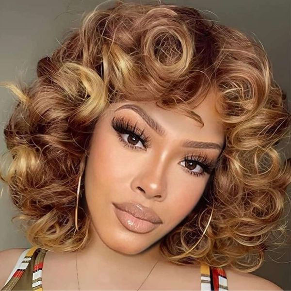 Broissures bouclées coquelures avec une frange pour les femmes afro Curly Wave Hair Wig synthétique ombre brun foncé gros boundi pelucheux perruque moelleux