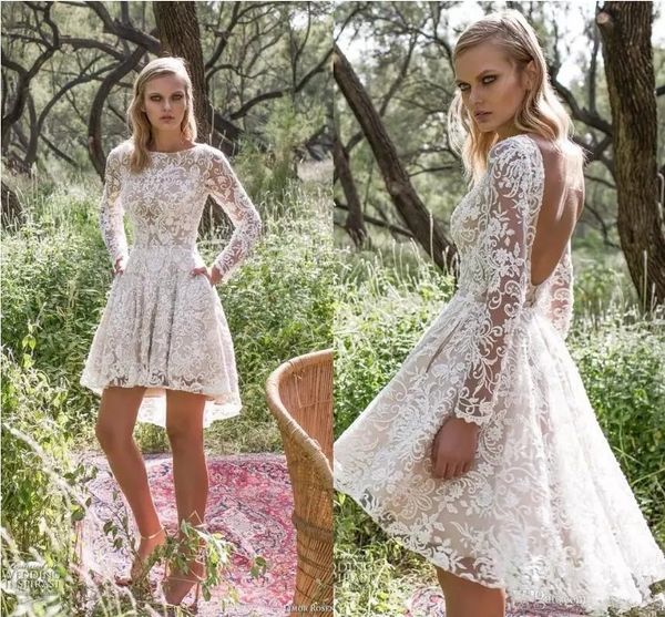 Vestidos de novia de encaje corto de mangas largas de mangas largas Boho Boho High Low Limor Rosen Bridal Vestidos Sexy Sin espalda A Línea Vestidos de novia