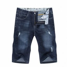 Short Mens Jeans Marque Ripped Biker Jeans Hommes Shorts Denim Pantalon Élastique Bleu Foncé Streewear Effiloché Slim Fit Pantal Homme Jean B0vS #