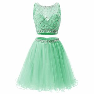 Kurzes Mintgrünes zweiteiliges Heimkehrkleid mit Pailletten, Tüll, Mini-Abschlussballkleid, Spitzenapplikationen, Kristall, Geburtstag, Abschlussfeier, Cocktailpartykleid