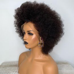 Perruque Lace Frontal Wig 360 naturelle mongole courte, cheveux humains crépus bouclés, pre-plucked, densité 180, pour femmes noires