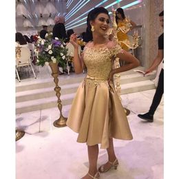Robes de soirée musulmanes courtes dubaï robes de bal 2020 robe de gala formelle robes de soirée en Satin doré291G