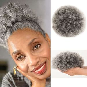 Korte ombre grijze Afro -bladerde tankspanning paardenstaart zout en peper tweekleurige gemengd menselijk haar pony staartbroodje chignon voor zwarte vrouwen 100 g 120g