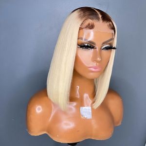 Clournure blonde blonde ombré Bob Bob Cheveux humains avec des cheveux de bébé brun / noir / rouge / blonde HD en dentelle transparente perruques synthétiques droites pour femmes noires