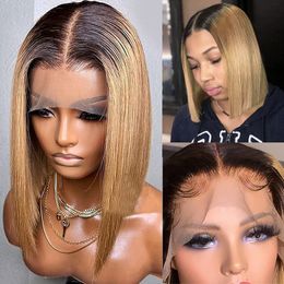 Short Ombre Honey Blonde Bob Wig with Baby Hair 180%density Honey Brown Straight Human Hair Wigs Lace Part 1b27 Brown Wigs for Black Women